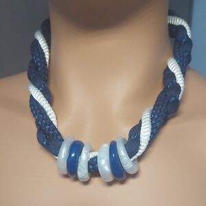 Vintage Navy Blue White Chunky Twisted Rope Necklace Bead